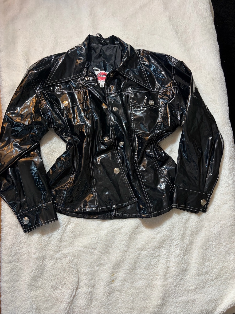 Glossy Black Patent Button-Front Leather Jacket